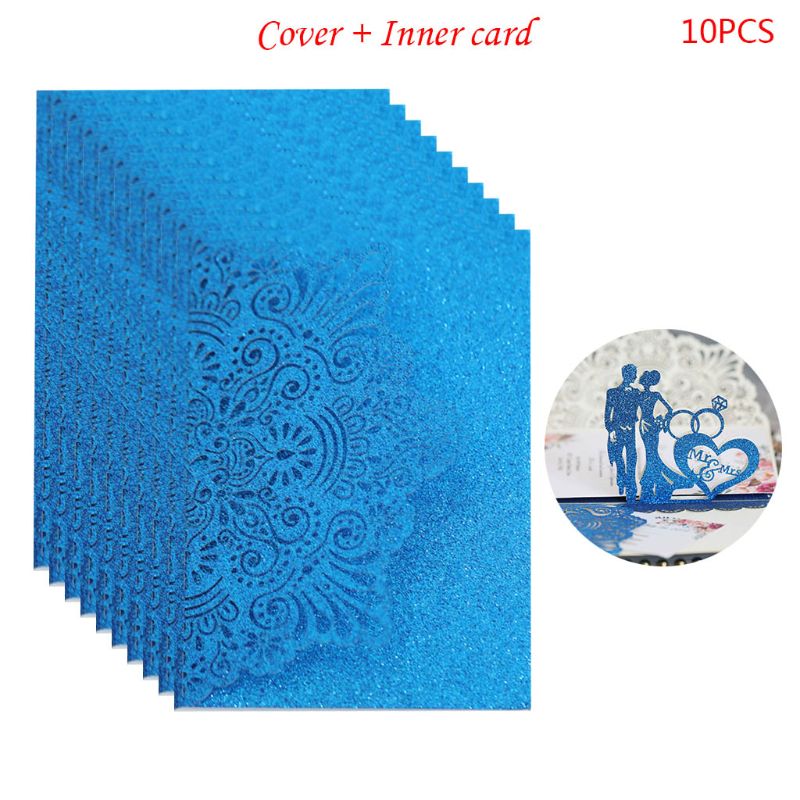 10Pcs Bride Groom Hollow Wedding Invitations Card Delicate Carved Lace Romantic Greeting Cards Decor Party Supplies: Blue