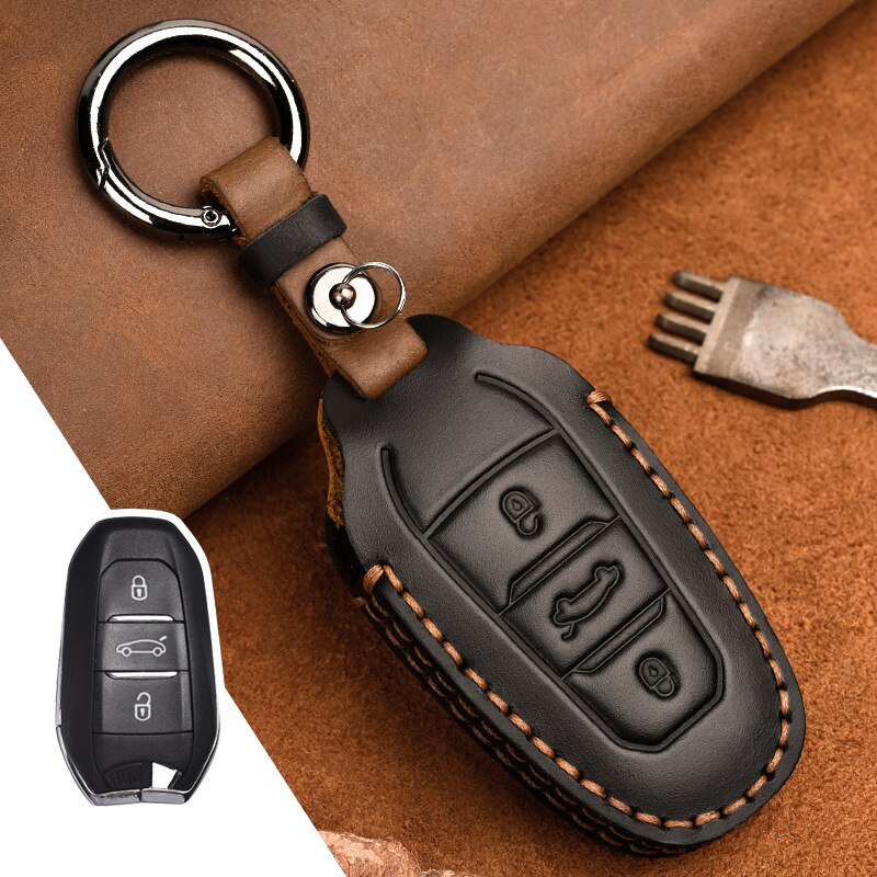 Leren Autosleutel Hoesje voor Peugeot 308 408 508 3008 4008 5008 Citroen C4 C4L C6 C3-XR: Zwart