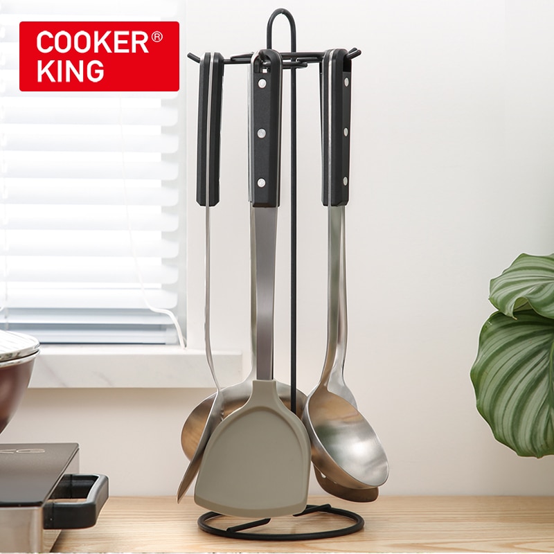 COOKER KING Kitchen Cooking Tool Set Non-stick Pan Silicone Spatula Ladle Stainless Steel Turner Colander Shelf for Tools