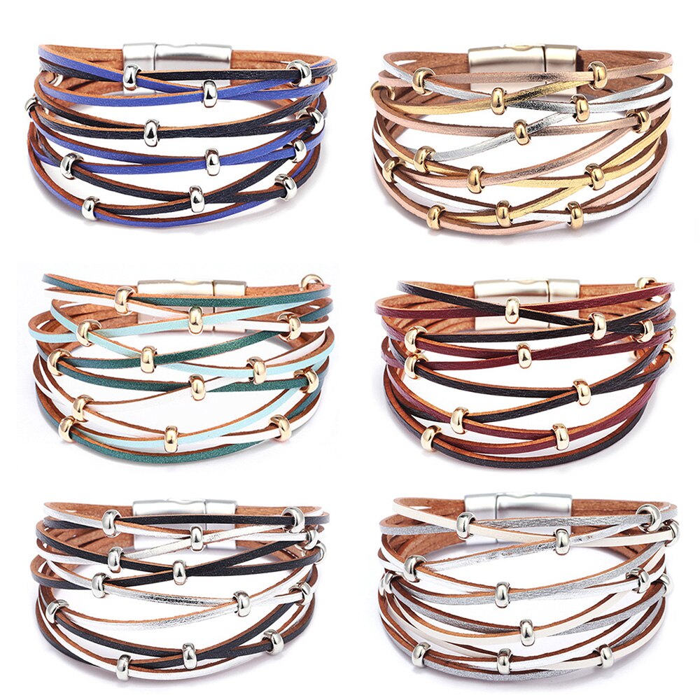 Feminino mão acessórios 10 multi camada vento pulseira de couro ampla envoltório pulseira femme ímã fivela jóias presente 2020