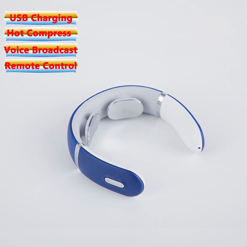 Smart Electric Neck Massager Heating Pulse Cervical Massage Remote Control Voice Broadcast Neck Pain Relief Relaxation Tool: Type 4 blue