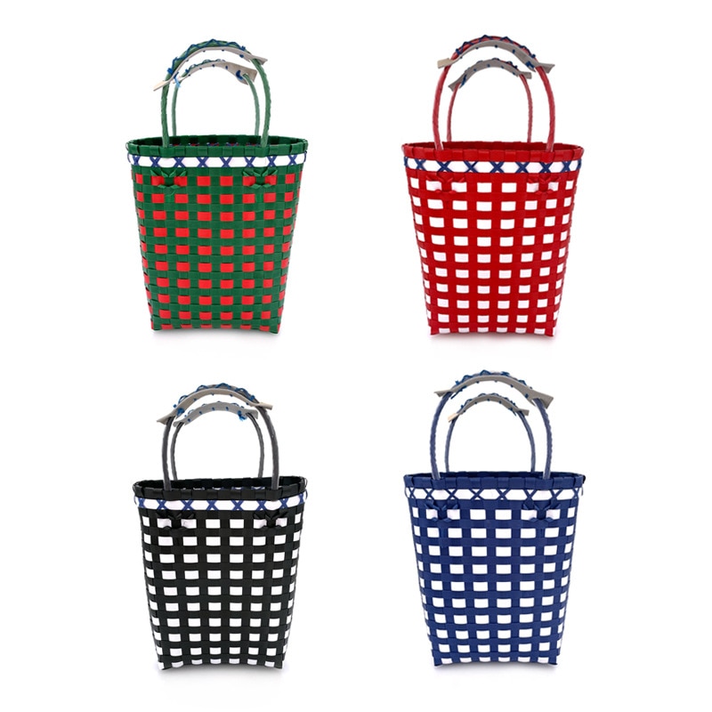 Cesta de Picnic tejida a mano de estilo japonés, bolsa de cesta de verduras tejida de plástico, bolsa de playa de mano, cesta Multicolor a cuadros, novedad