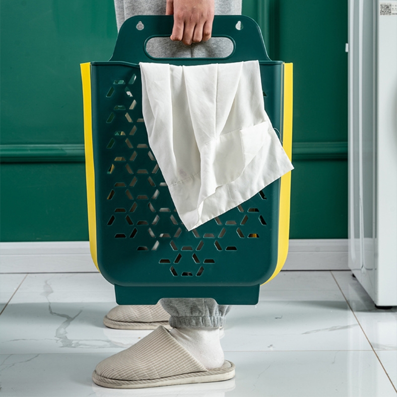 Cesta plegable de plástico para la colada, caja de almacenamiento de plástico con asa para colgar en la pared del baño, 95AA