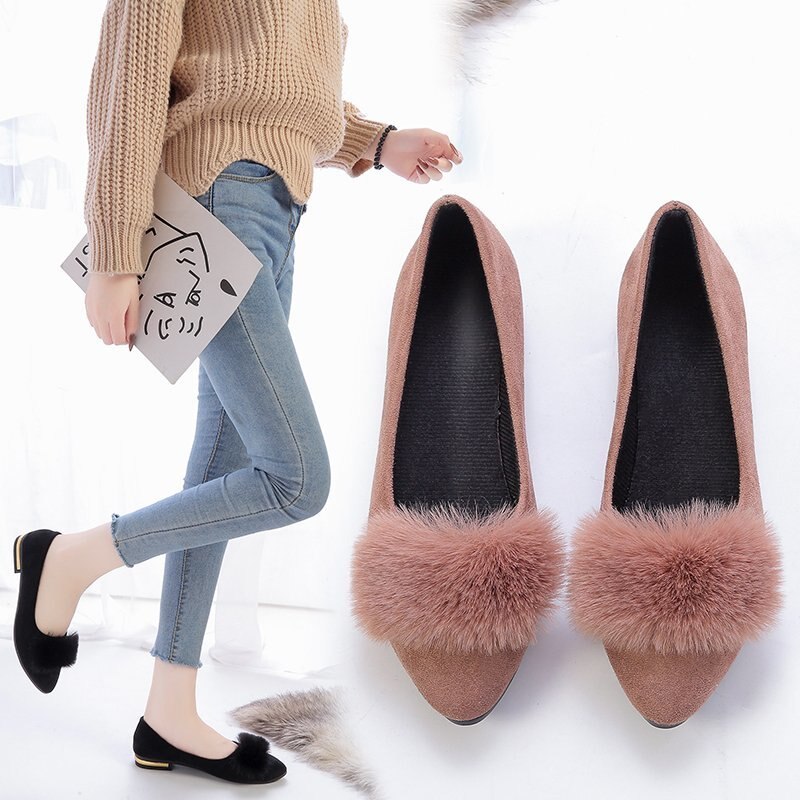Chaussures coréennes mocassins fourrure automne femmes talons bout pointu décontracté femme baskets bouche peu profonde tout-Match chaussures plates automne
