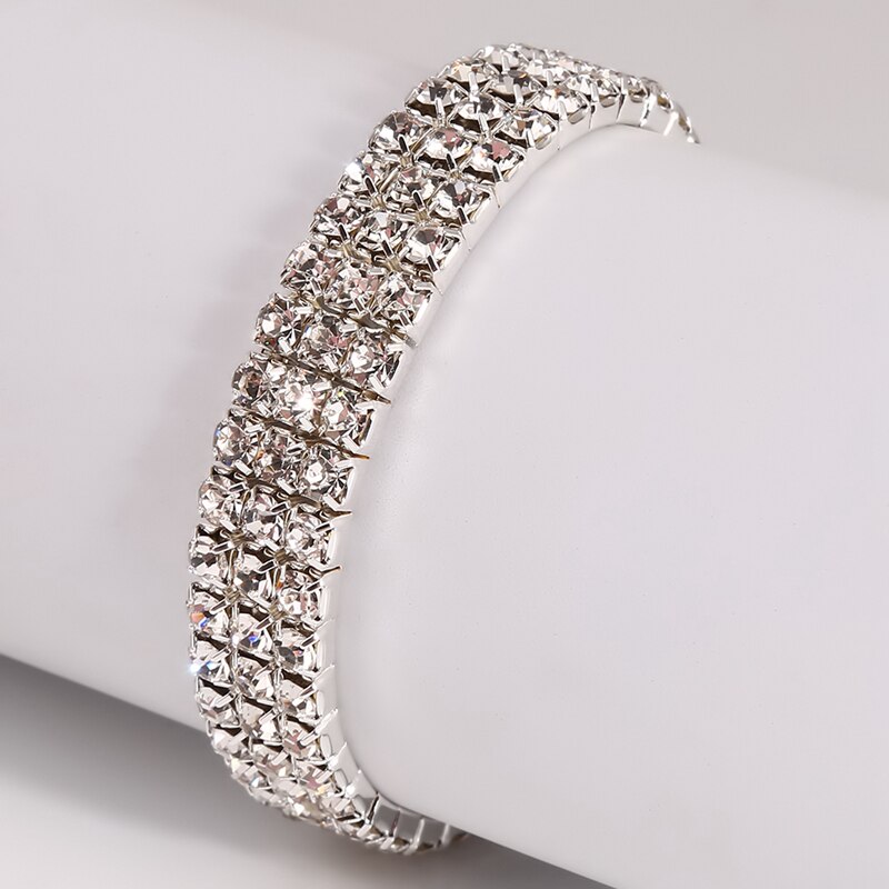 3 Reihen Voller Kristall Strass Elastische Armbinde Silber Farbe Armreif Bling Armbinde Frauen Hochzeit Braut Schmuck