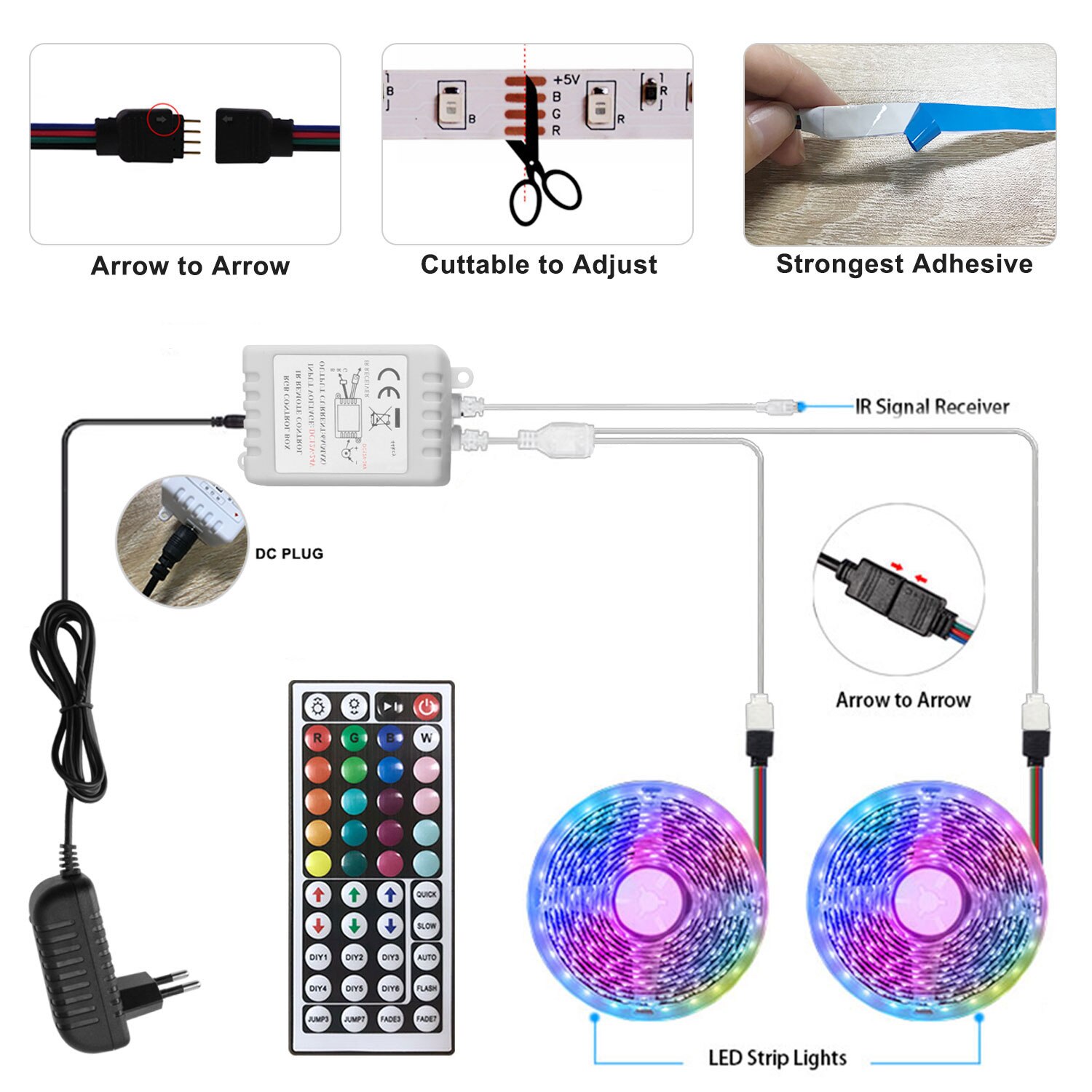 SMD 5050 LED Lights with Remote 44Keys Controller 12V led Strip for bedroom wall decoration Can be cut Flexible Ribbon Lighting