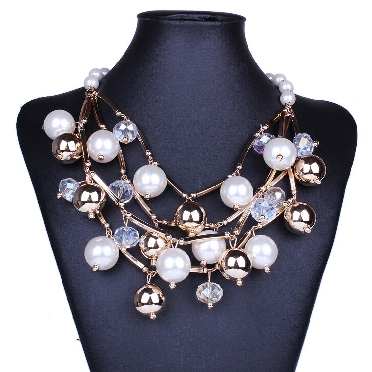 multicouche grosses perles gemme collier pour femmes rétro noir collier ras du cou couleur mélange collier femme exquis bijoux: White