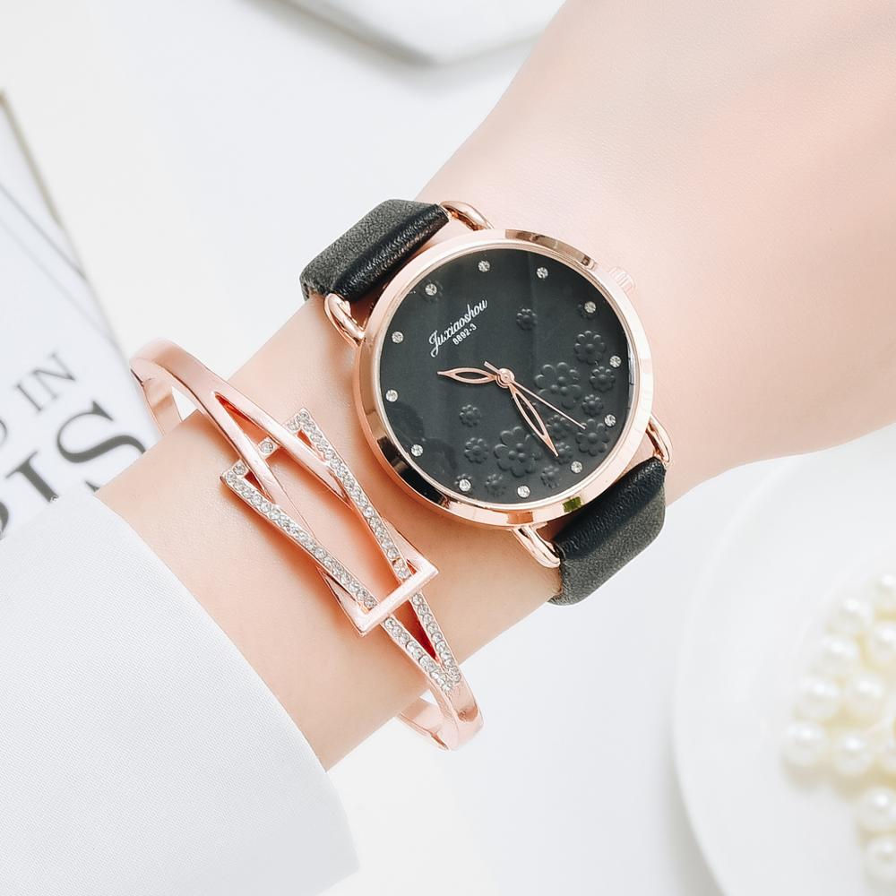 Frauen Diamant Uhr Blumen Runden Zifferblatt Armbinde Uhren einstellen Damen Leder Band Quarz Armbanduhr Weibliche Uhr Zegarek Damski