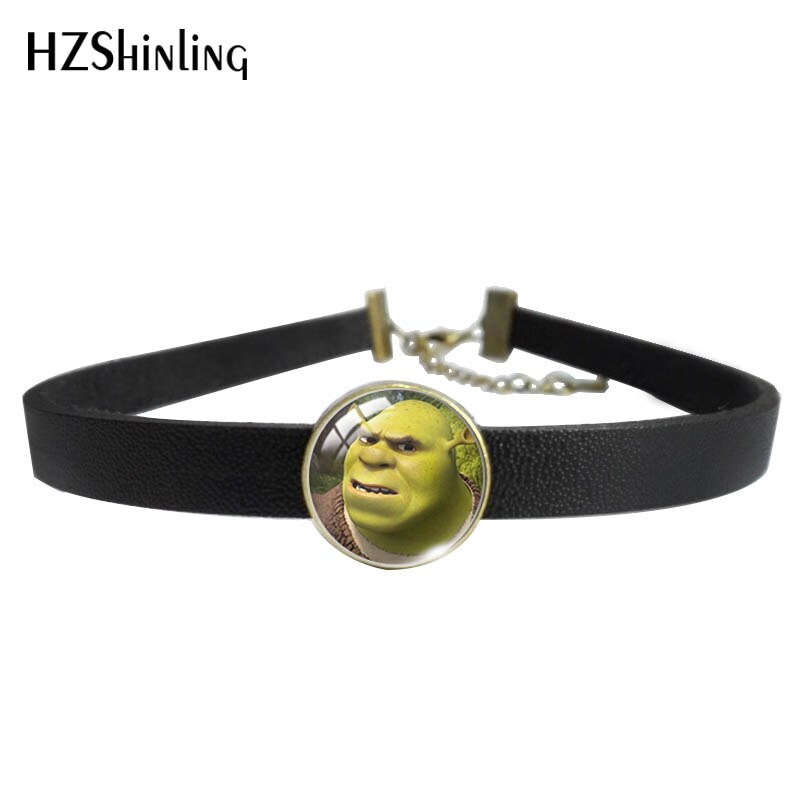 Shrek Donkey Leather Choker Necklace Glass Cabochon Dome Pendants Jewelry for Cos Girls: 6 / Black