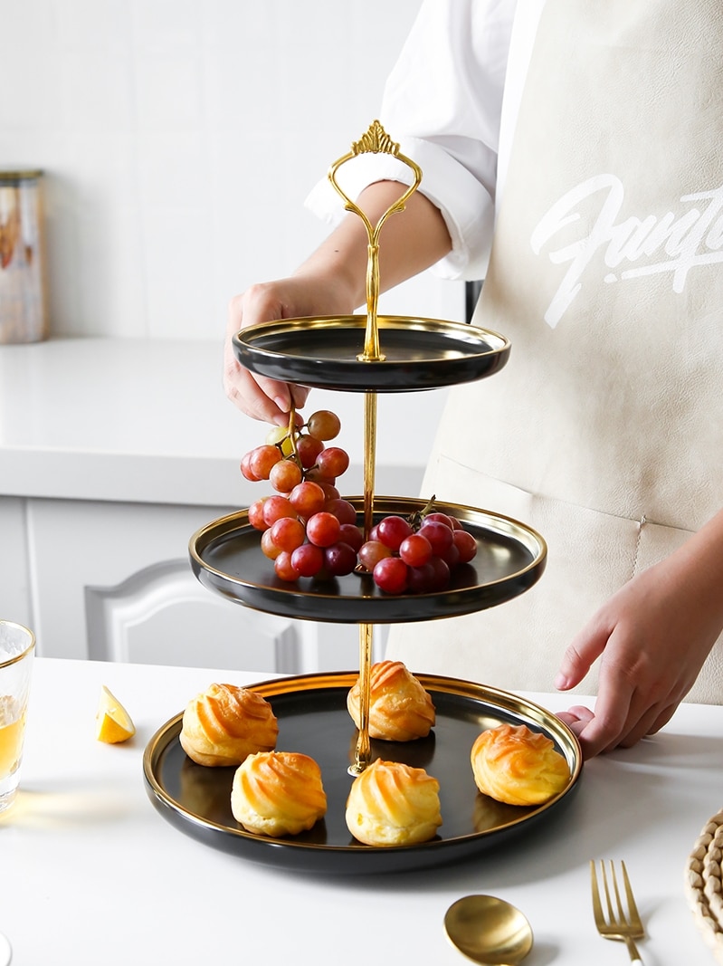 Nordic Candy Plate 3 Tier Golden Border Ceramic Wedding Plate Party Tableware Tray Display Rack Afternoon Tea Snack Plate