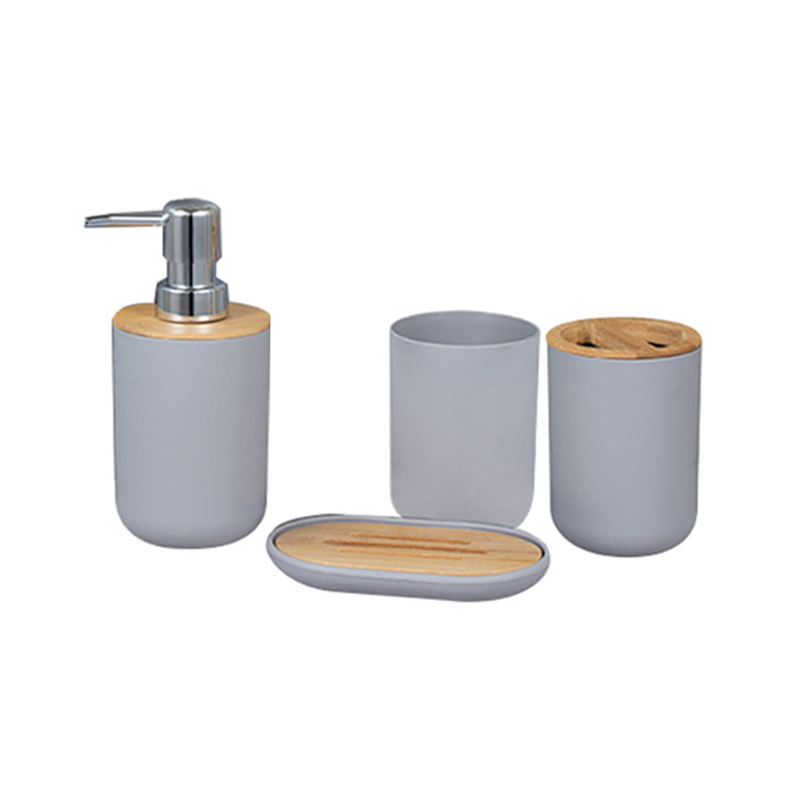 4 Stuks Bamboe Badkamers Set Tandenborstelhouder Zeepdispenser Zeepbakje Container Badkamer Accessoires: Gray