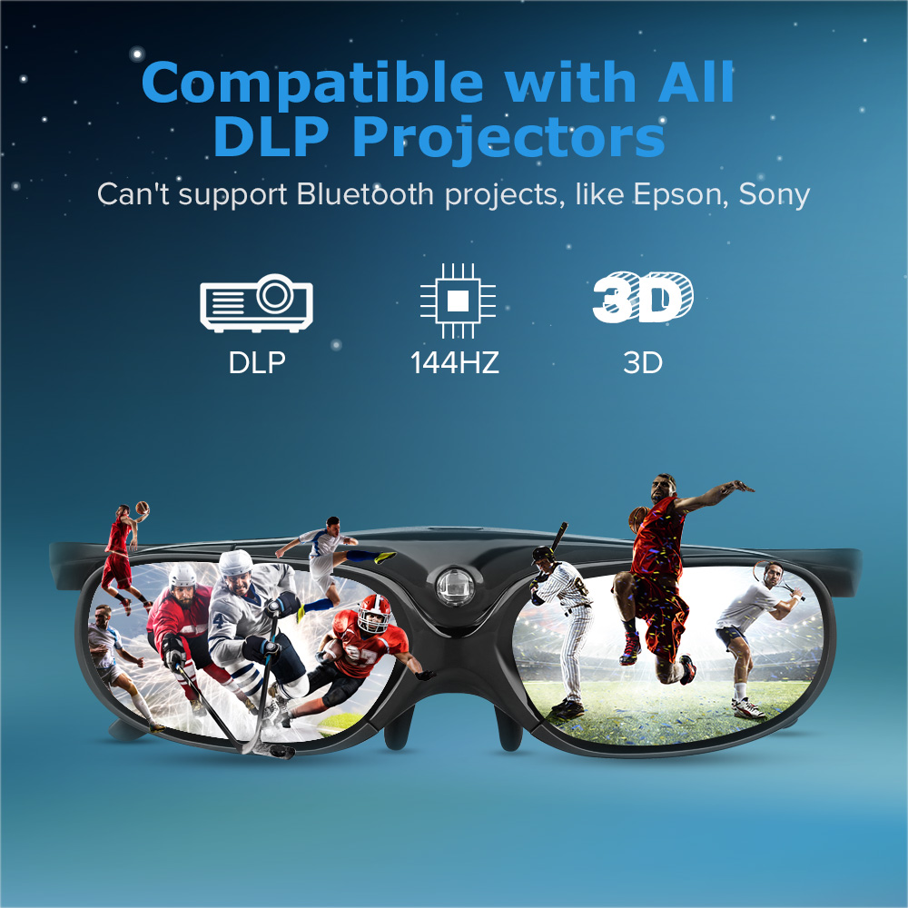 Lunettes 3D à obturateur actif projecteur DLP rechargeable 96-144Hz pour écrous Xgimi Z3/Z4/H1 G1/P2 BenQ Acer & tous les projecteurs DLP LINK