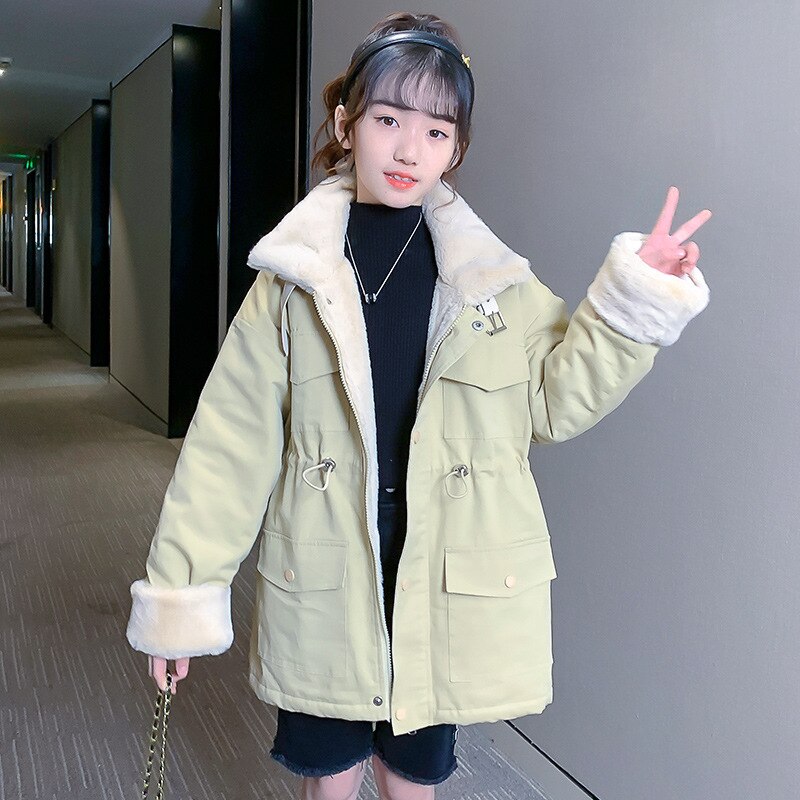Winter Girls Outerwears Teenager Coats for Girls Solid Turn-down Collar Style Kids Trench preppy style girls: khaki / 4T 5T -size120