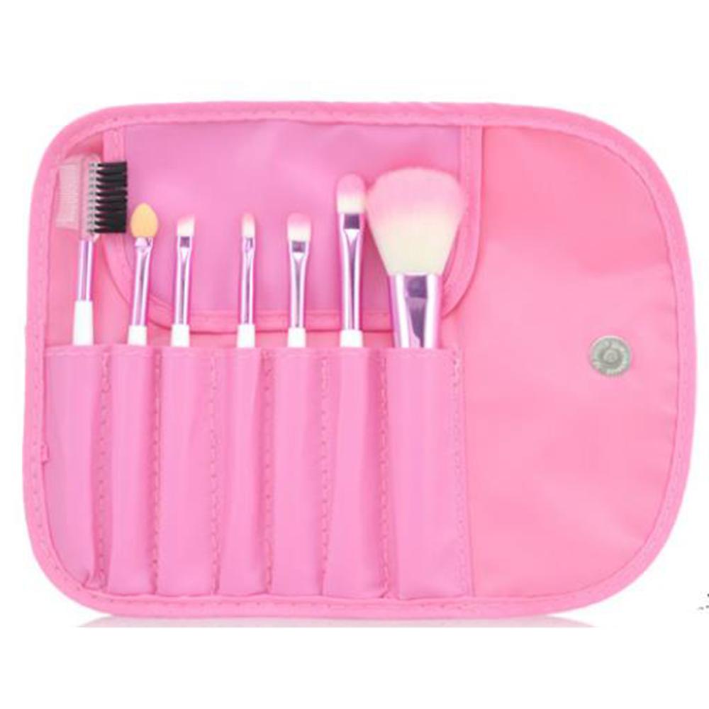 Set van 7 make-upkwasten voor cosmetische foundation, poeder, oogschaduw en make-upkwasten, eenvoudig te gebruiken: Roze met tas