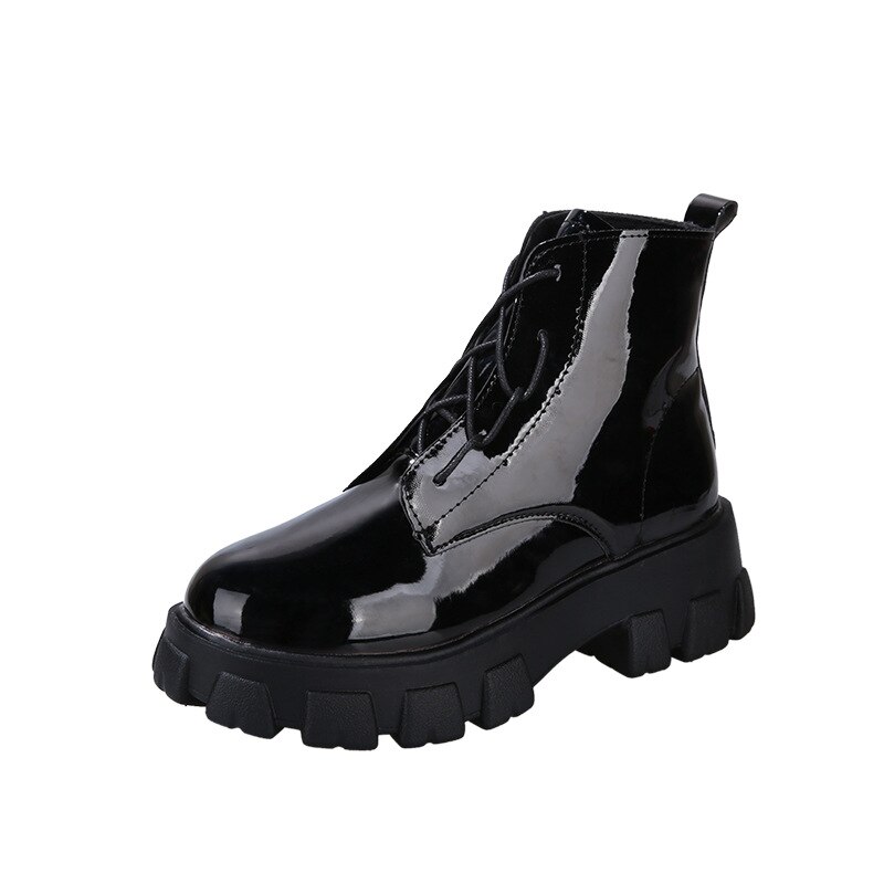 Vår höst lackkängor dam motorcykelstövlar kvinnliga skor kvinna tjock sula punkstövlar beige svart  eu 35-39