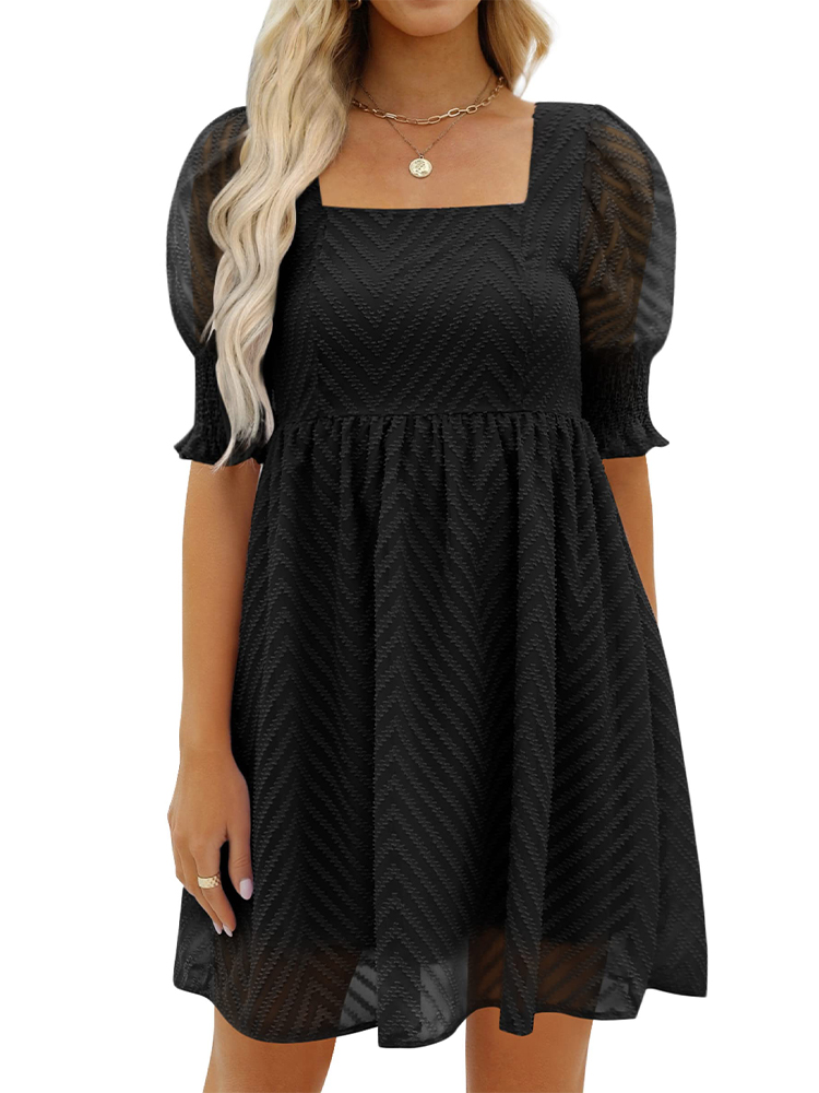 Damen-Sommerkleid 2023, lässig, fließend, Strand, quadratischer Ausschnitt, Laterne, kurze Ärmel, plissiert, A-Linien-Kleid, Krawatte, Minikleid