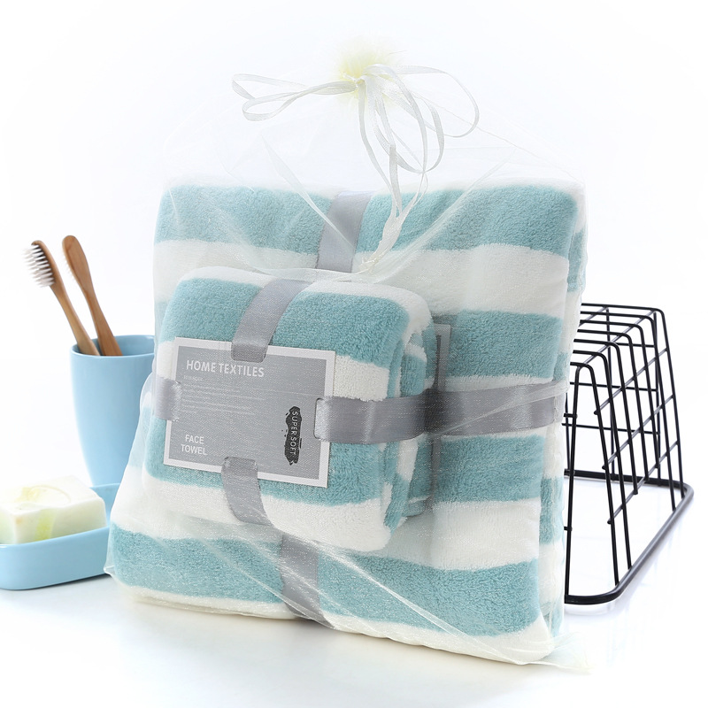 Coral Fleece Cation Face Towel + Bath Towel Set Thick Absorbent Bathroom Towels For Swimming Travel Sports Towel Set: Blue green