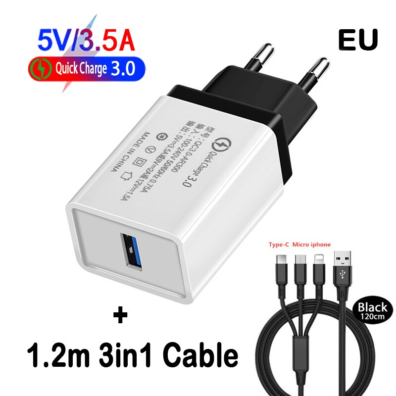 18W US EU Portable Mobile Phone Charger QC 3.0 Fast Charger Adapte For iphone Samsung Huawei Xiaomi: EU 3in1 Cable Black