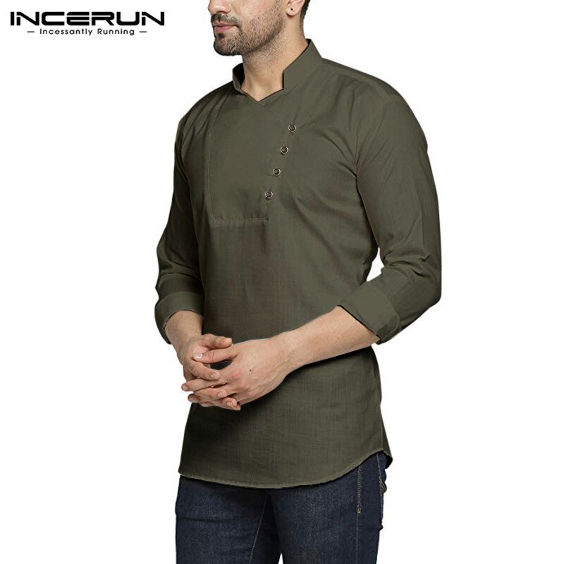 Herr indiska retro skjortor man stå krage enfärgad streetwear skjorta herr muslimska toppar långärmad casual kurta camisa plus size