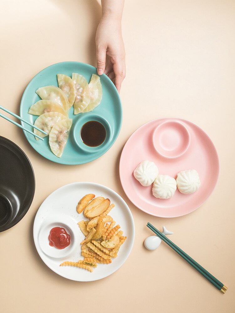 Ceramic Japanese Dumpling Plate With Seasoning Dish Sushi Fried Chicken Wing Snack Plate Home Dining Plate Kitchen Tableware