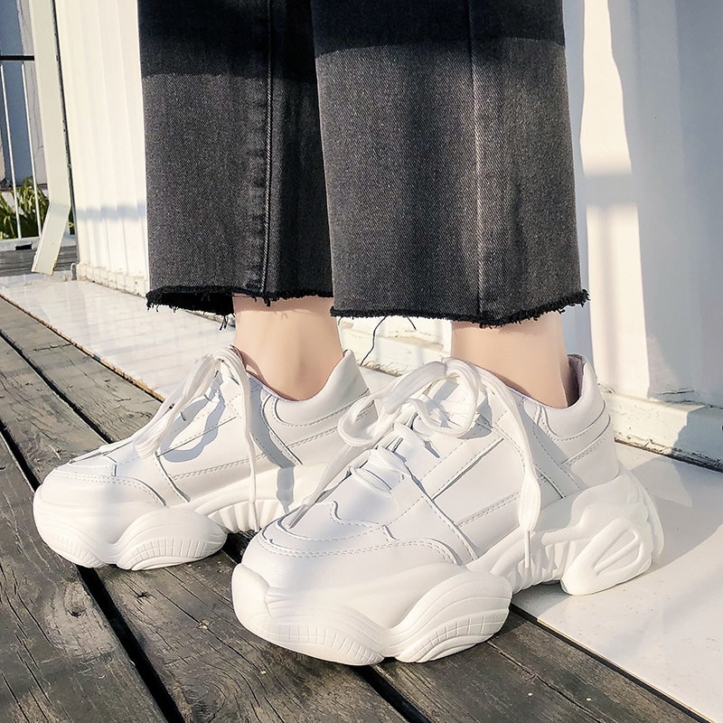 Kvinder hvide sneakers platform chunky sko dame kurv kvindelige sneakers læder snøre afslappet sko kvinde