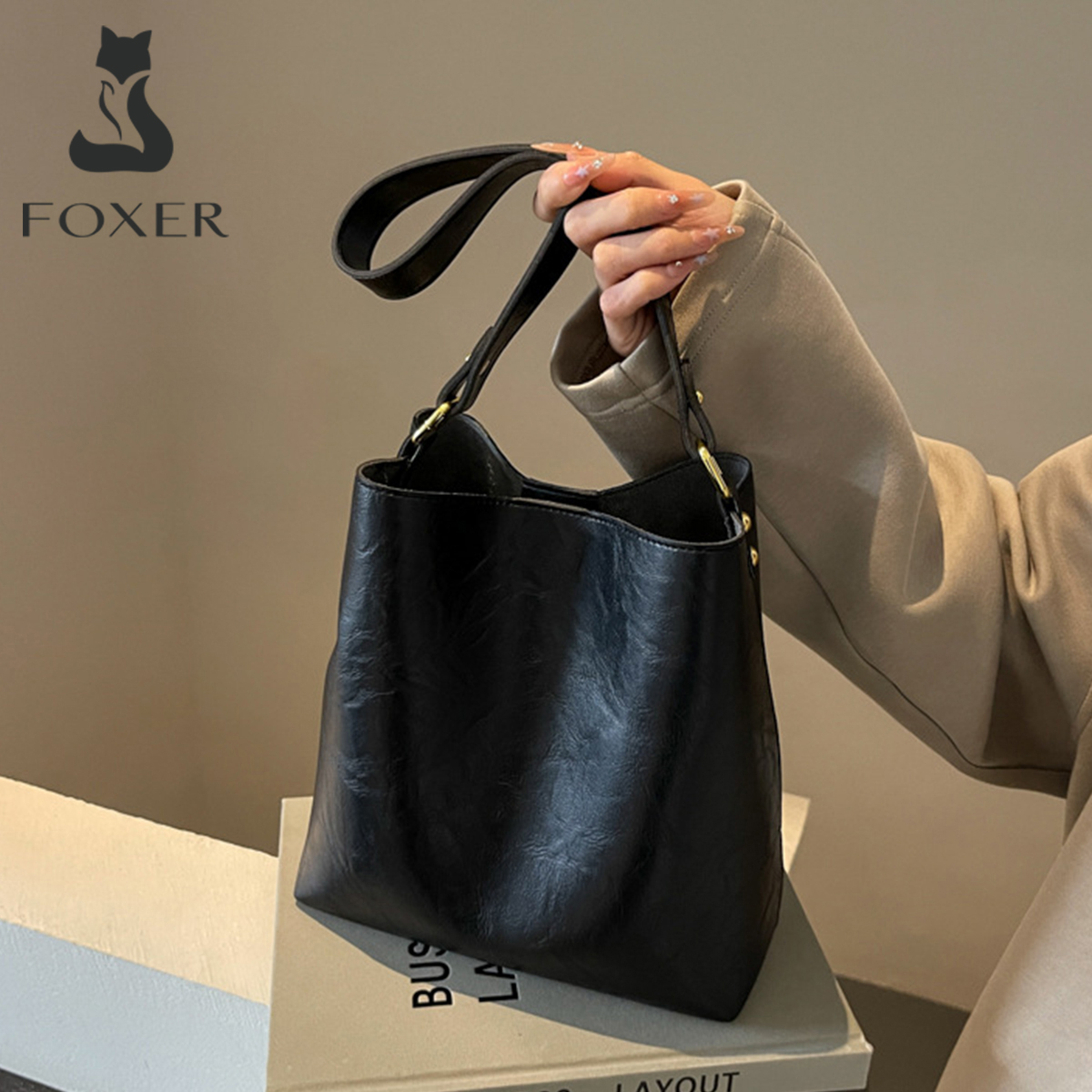 FOXER Women Simple Shoulder Hobo Bucket Bag Lady Large Capacity Daily Commuting Crossbody Handbag Tote