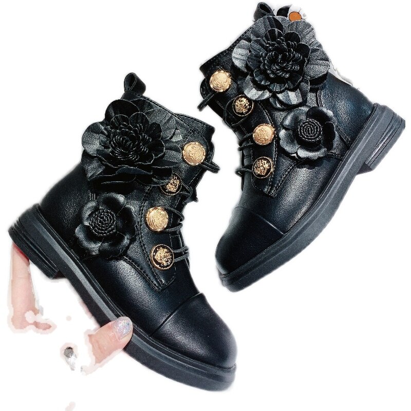 Inverno crianças botas do bebê meninas botas de couro genuíno crianças flor vestido sapatos preto princesa botas moda marca tornozelo sapato novo