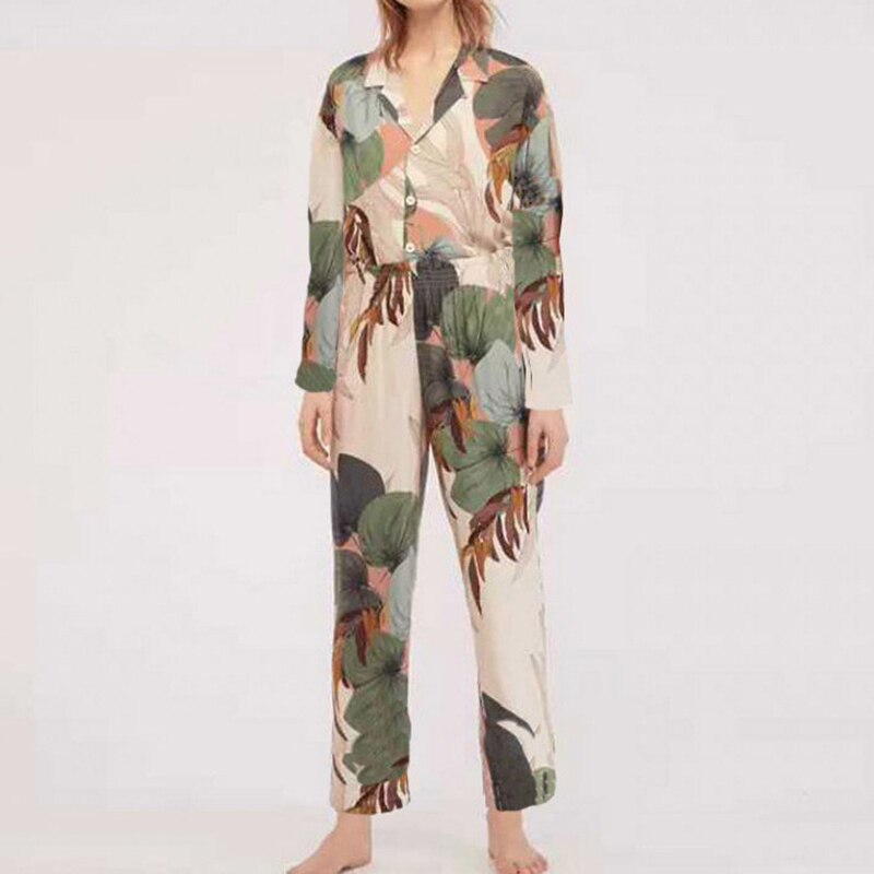 Spring Women Home Clothes Pajama Comfortable Silk Thin Short Sleeve Sleepwear Suit Female Homewear Printed Short Sleeve Pants