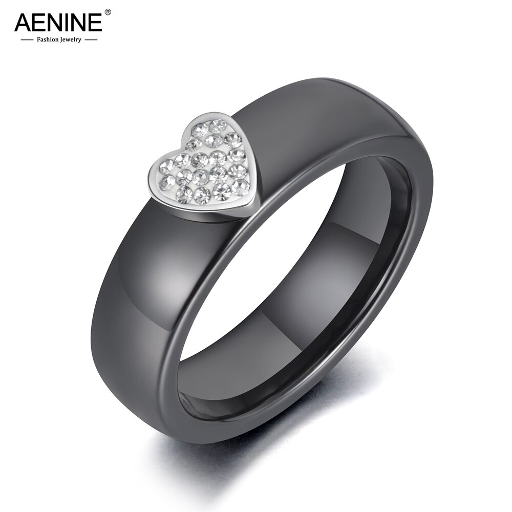 AENINE Trendy Black Ceramic Heart Crystal Wedding Rings Jewelry For Women Stainless Steel Rhinestone Bohemia Party Ring AR19114