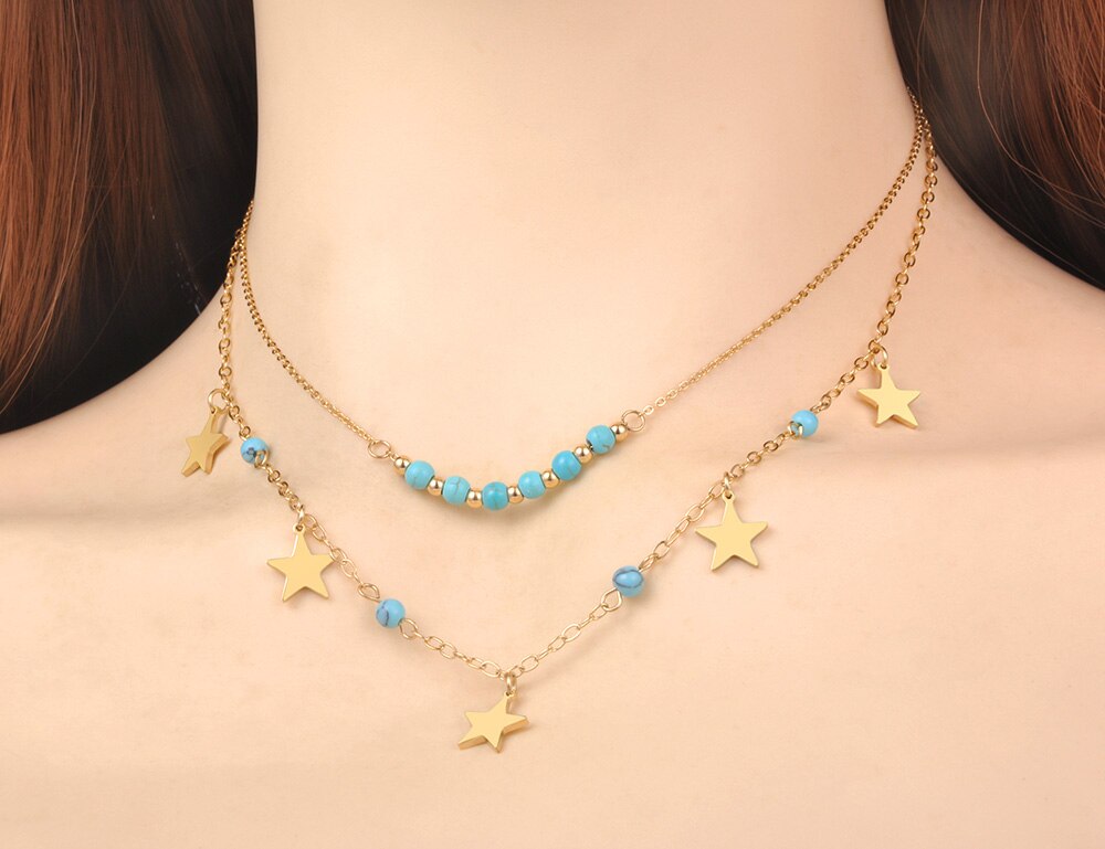 Lokaer 18K Gold Titanium Rvs Dubbele Laag Turquoise Choker Ketting Bohemen Star Party Ketting Voor Vrouwen N21251