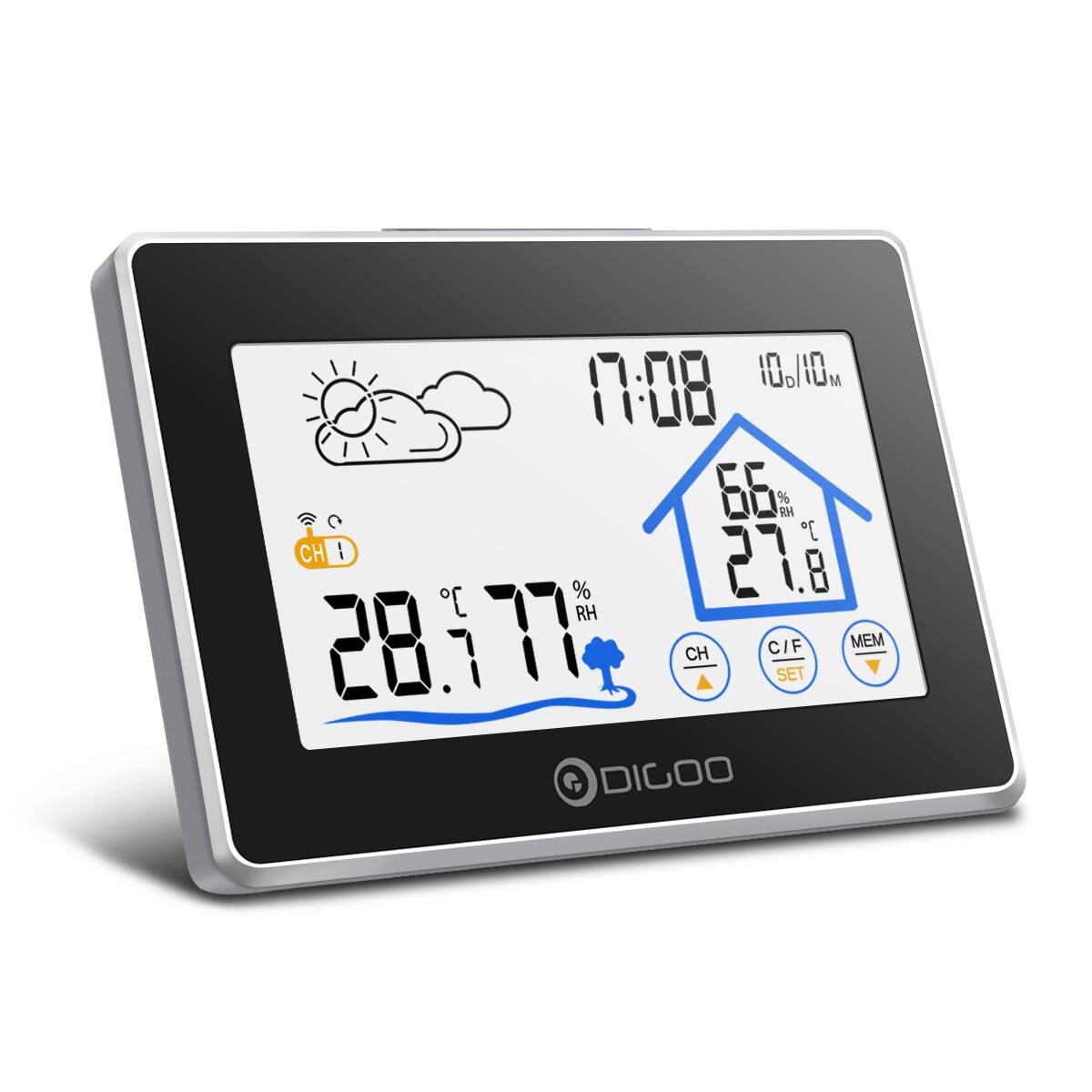 Digoo DG-TH8380 Thermomètre sans fil Hygromètre Station météo à écran tactile avec thermomètre Capteur de prévision extérieur Horloge Réveil Capteur de température