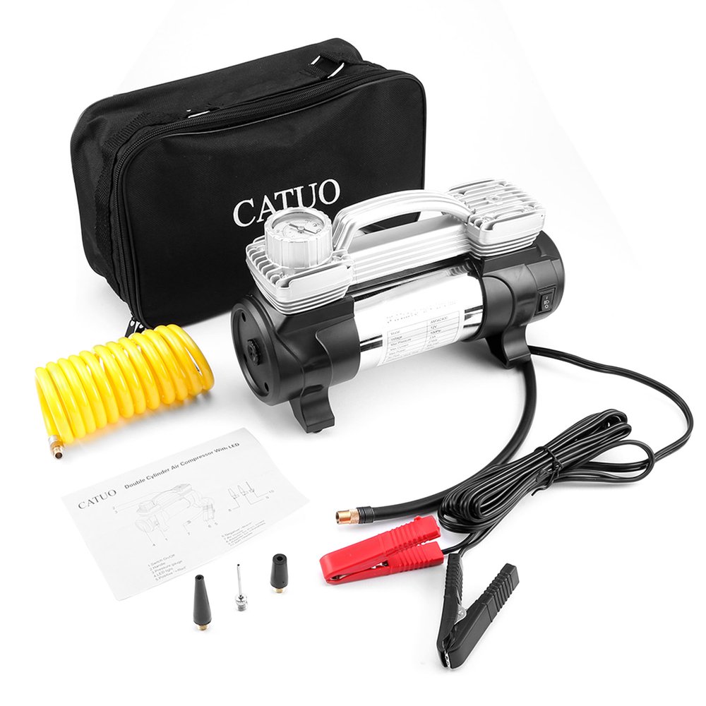 Portable Double Cylinder Air Compressor Tire Inflator High Power 12V DC Pump to 100 Psi With LED Light Thermal