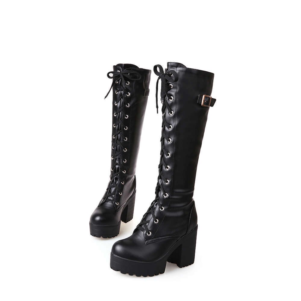 Lente Herfst Vetersluiting Knie Hoge Laarzen Vrouwen Mode Witte Vierkante Hak Vrouw Lederen Schoenen Winter Pu Grote Maat 43