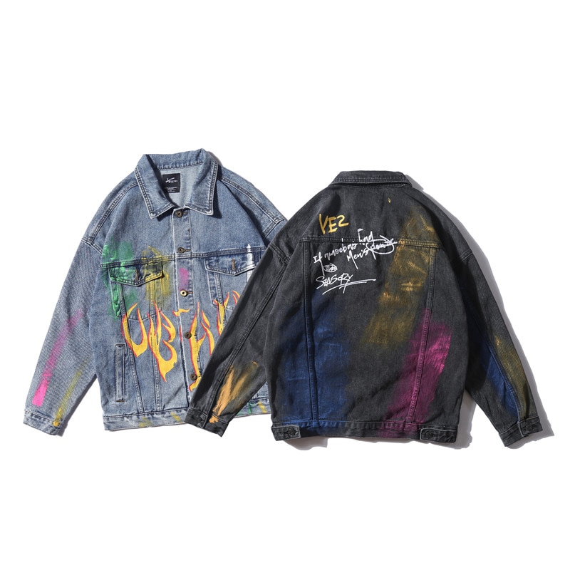 Hand Verf Rainbow Graffiti Vlam Print Denim Jassen Streetwear Hip Hop Casual Bomber Jean Jacket Jassen Tops