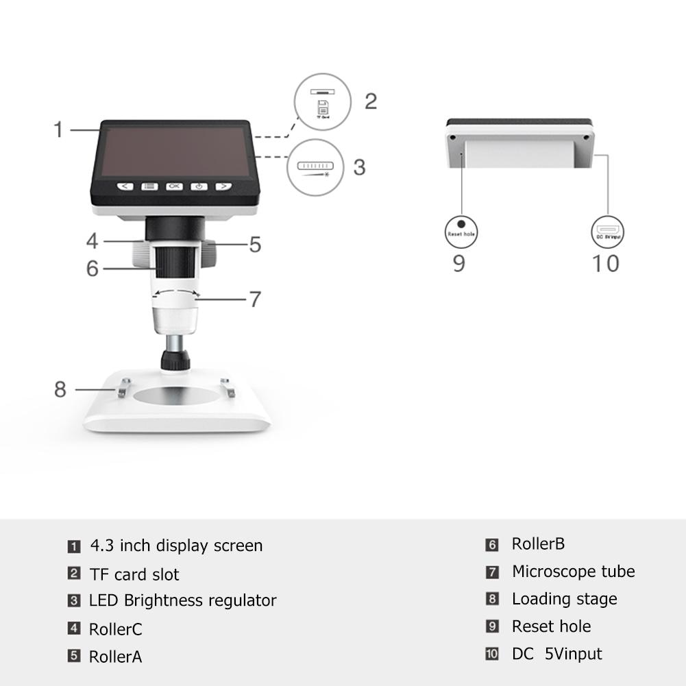 Microscopio Digital con 8 luces LCD, 4,3x1080 pulgadas, HD P, Lupa Electrónica para soldar de escritorio, compatible con 10 idiomas