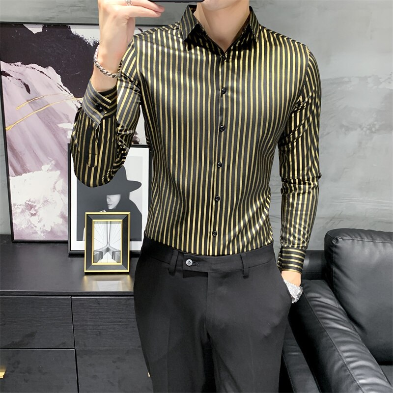 Efterår lange ærmer stribede skjorter til mænd koreansk slim fit afslappet bluse homme formelt slid herrer smoking kjole: Guld / Asiatiske 3xl 72-77kg