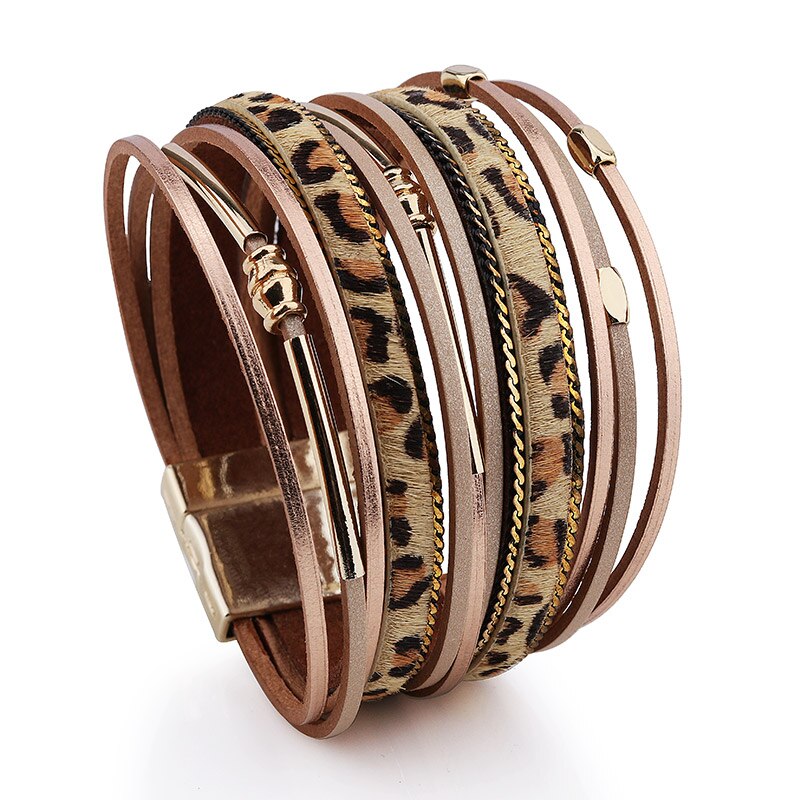 Leren armband dames meerlaagse brede polsband sieraden armband meisjes accessoires: Khaki