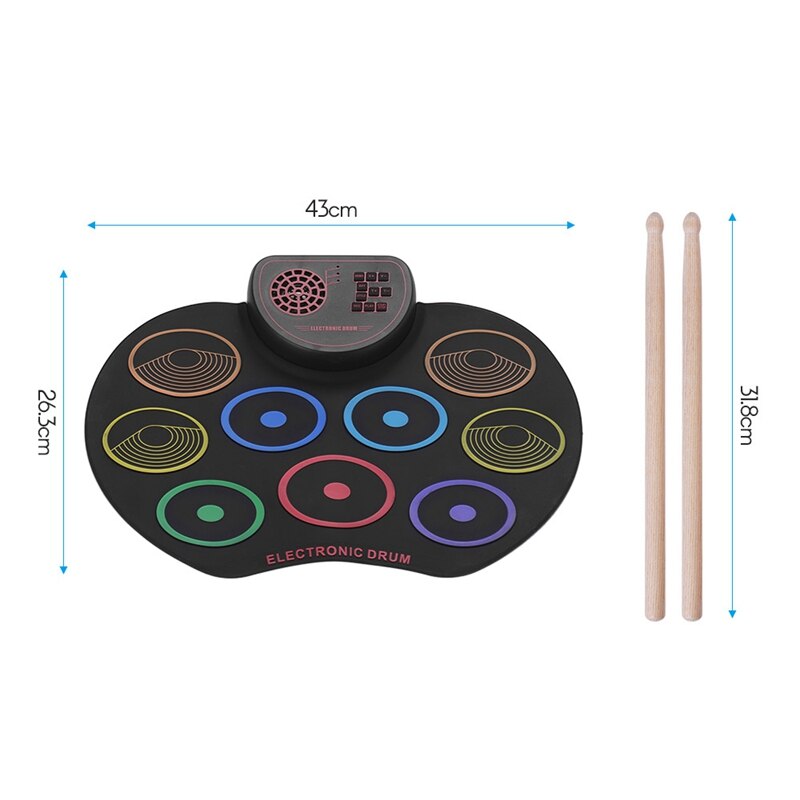 Digitale roll-up drumpadset, draagbare elektronische drumset, usb, 9 drumpads, ingebouwde luidspreker, lithiumbatterij, met stokken, voetpedaal