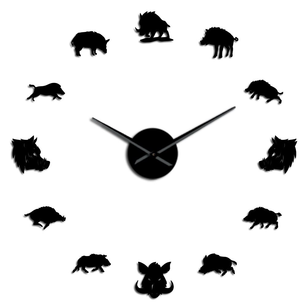3D Sus Scrofa Wild Boar Figures Wall Art Mirror Stickers DIY Giant Mute Wall Clock Wild Pig Large Hanging Watch Hunter: Black / 27 Inch