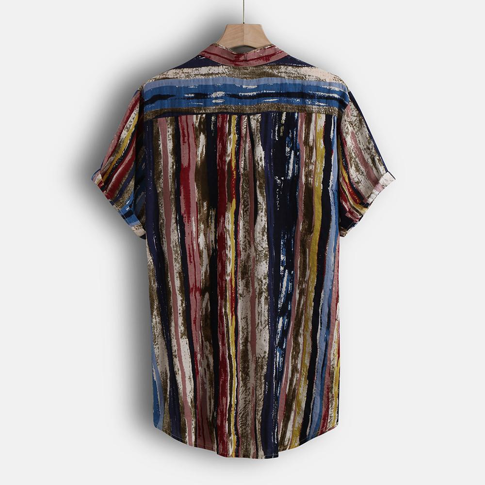 Heren Zomer Mode Stand Kraag Strip Print Korte Mouw Top Katoenen Shirt Paar Losse Fit Hawaii Ademend Snel Droog