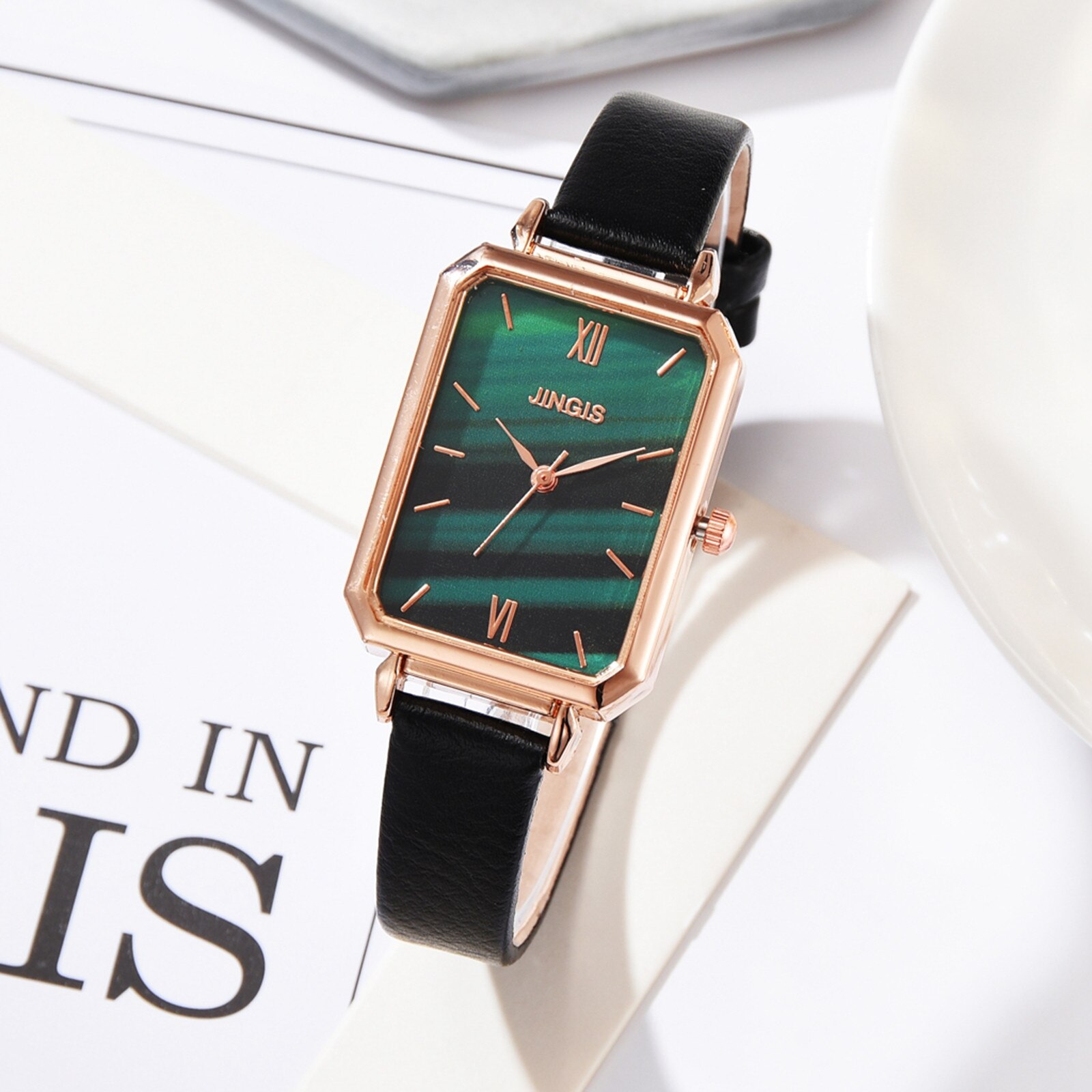 Montre à Quartz rectangulaire pour femmes, décontractée, avec bracelet en cuir, à la , directe: Green 