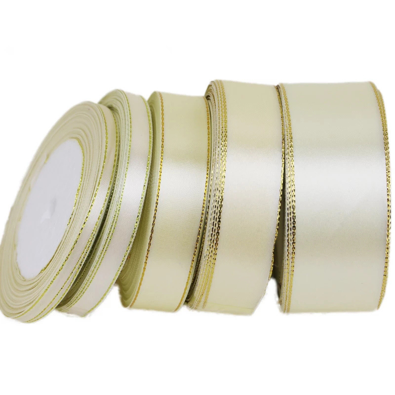 (25 yards/rol) beige gouden rand satijnen lint handgemaakte DIY cadeau kerstlinten (6/10/20/25/40 mm)