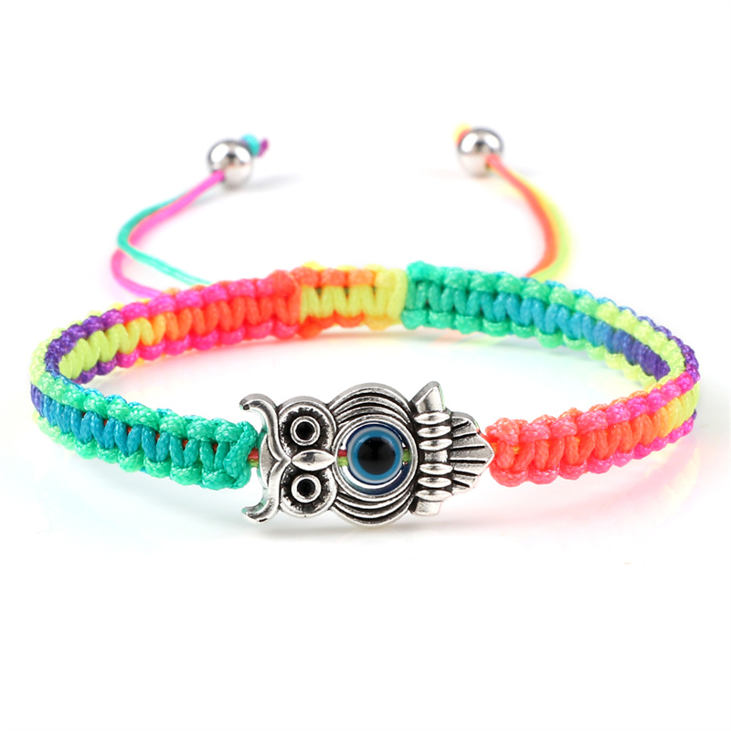 Pulsera ajustable de ojo de la suerte para hombre y mujer, brazalete trenzado de cuerda de hilo rojo hecho a mano, amuleto de búho, joyería de la amistad: Rodio plateado