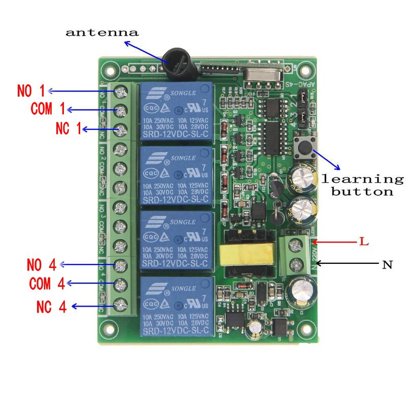Smart Home AC 220V 4CH 4 CH Wireless Remote Control LED Light Bulb Switch Relay Output Radio Receiver Module and Transmitter