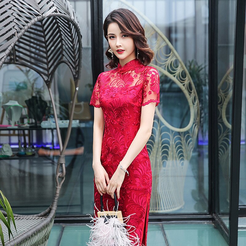 FZSLCYIYI Summer Lace Qipao Chinese Dress Short Sleeve Knee Length Cheongsam Dress Chinese Traditional Dresses: XXL