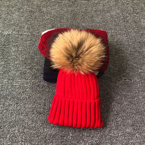 Vinter efterår piger drenge pels pom pom huer hatte bomuld hue hue til baby dejlige strikhuer med pels pompon hatte børn: Rød / Til voksen størrelse 53-62