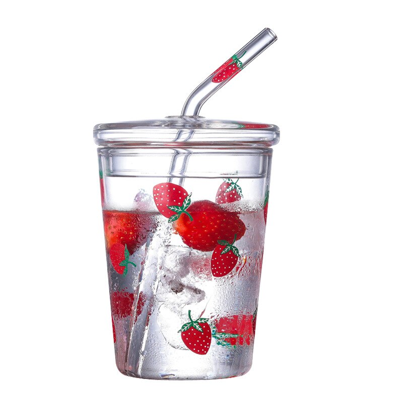 Heat-Resisting Clear Strawberry Letter Pattern Coffee Juice Drinking Water Glass Cup with Straw Lid For Home OffIce Drinkware MJ: A