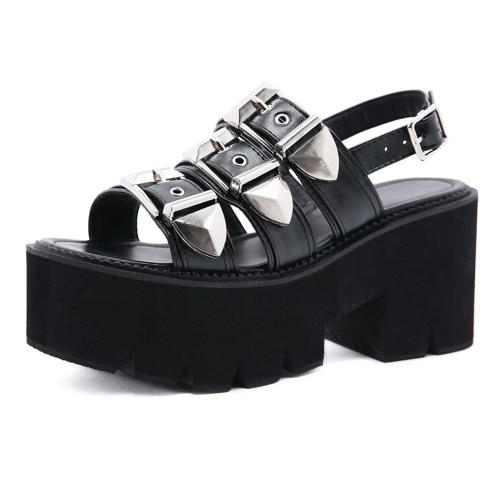 Sandales à plateforme pour femmes, chaussures gothiques noires à talons hauts et bout ouvert, lanière à la cheville, été: 39