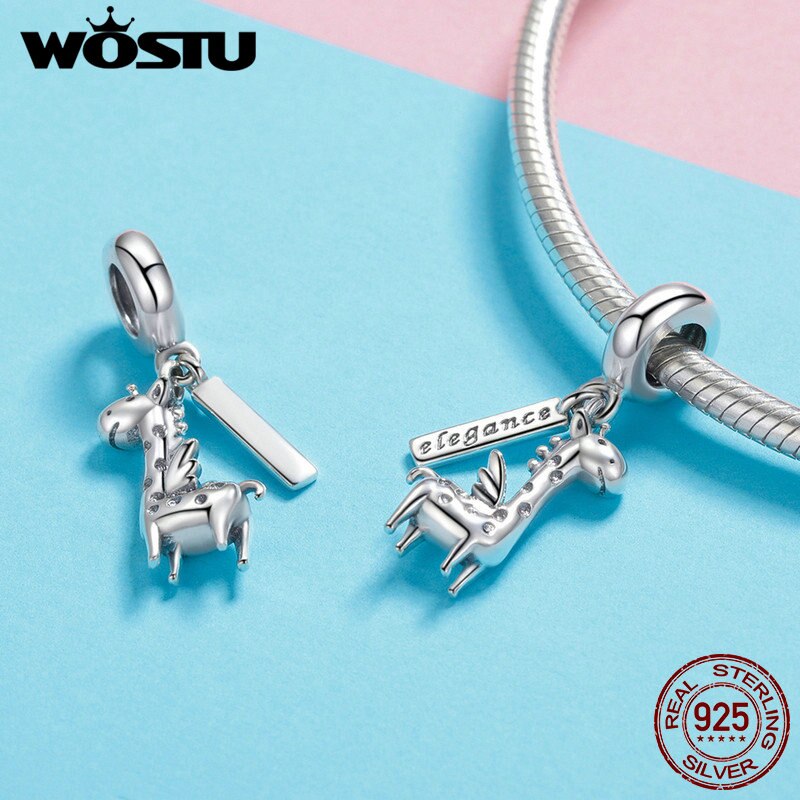 Wostu Authentieke 925 Sterling Zilver Elegante Giraffe Bungelt Charms Fit Armband & Ketting Hanger Mode-sieraden FIC976