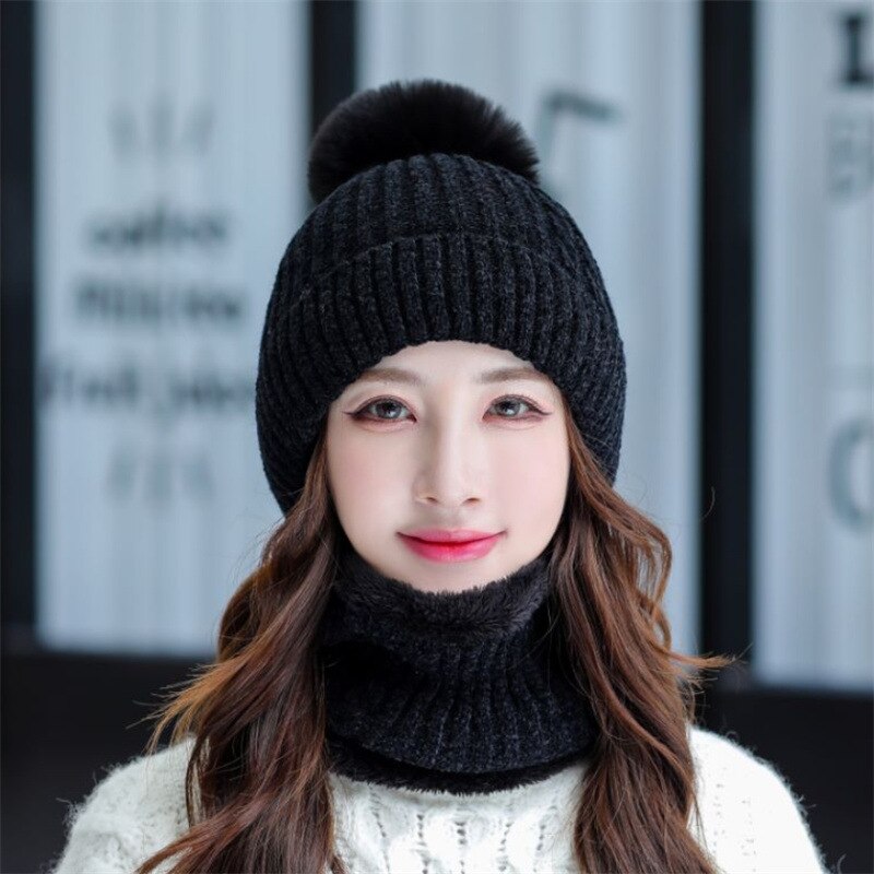 Autumn Winter Chenille Cute Beanies Hat Bib Sets Women Velvet Thick Knitted Hats Windproof Cycling Wool Knitting Caps: black